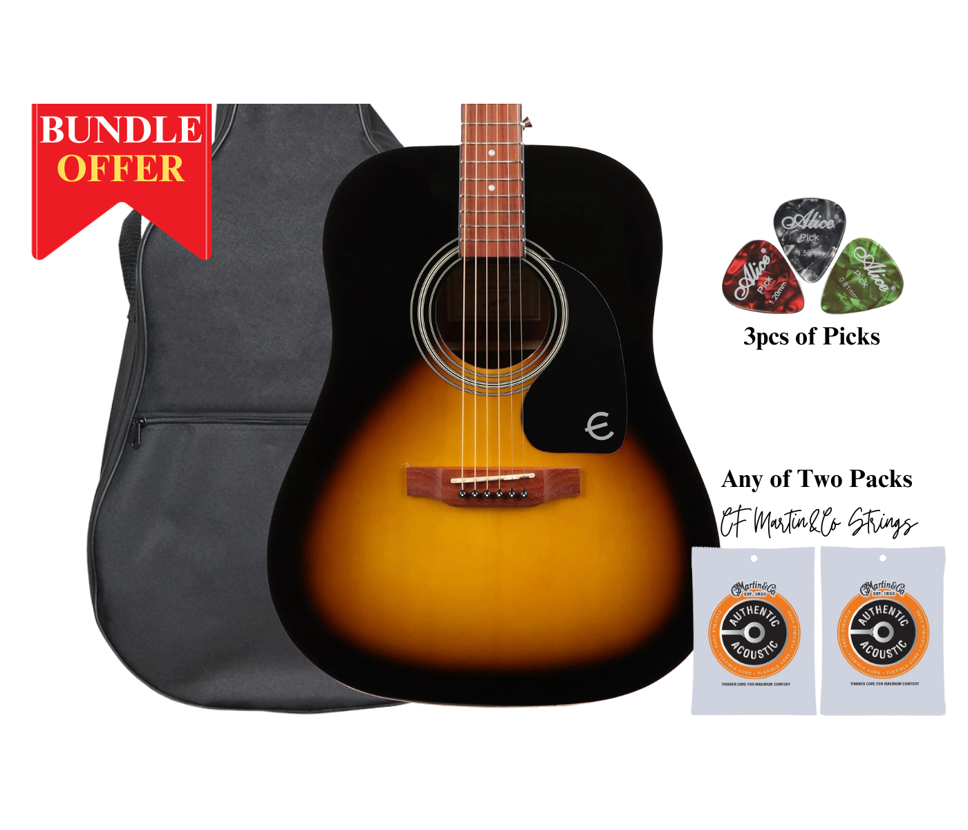 Epiphone EA10VSCH1-Bun DR-100 Vintage Sunburst Acoustic Guitar Any of 2 Packs Strings, 3pcs Alice Picks, Softcase Bundle