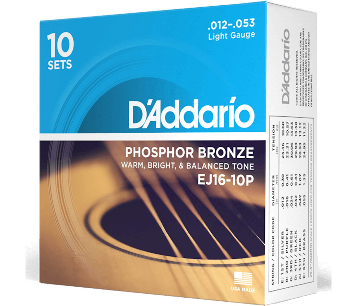 D'Addario EJ16-10P Phosphor Bronze Acoustic Guitar String Light - 12-53 - 10 Packs