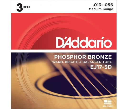 D'Addario EJ17-3D Phosphor Bronze Acoustic Guitar String Medium - 13-56 - 3 Packs