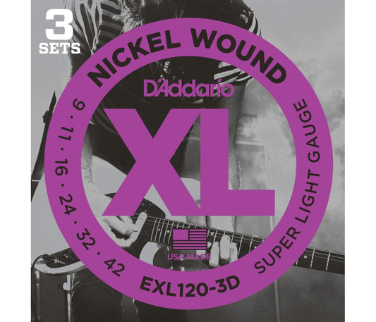 D'Addario EXL120-3D Nickel Wound Electric Guitar String Super Light - 09-42 - 3 Packs