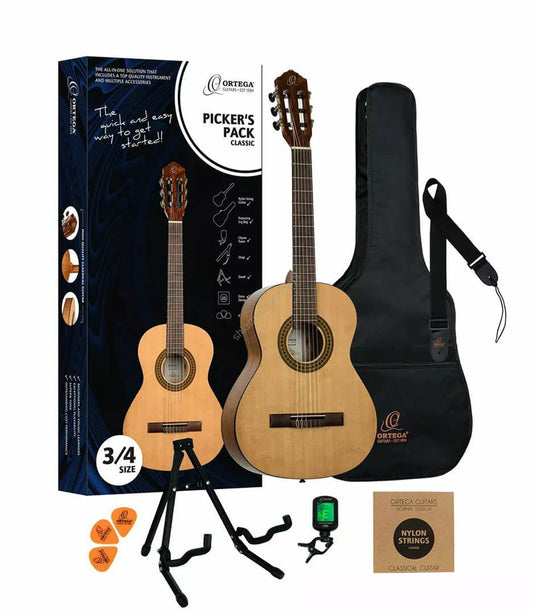 Ortega Picker's Pack, 3/4 Size Classic Guitar Spruce Catalpa Natural Top & Back Gloss Finish with Accessories