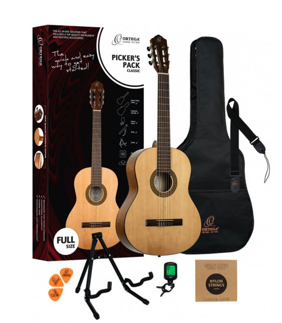 Ortega Picker's Pack, Full Size Classic Guitar Spruce Catalpa Natural Top & Back Gloss Finish with Accessories