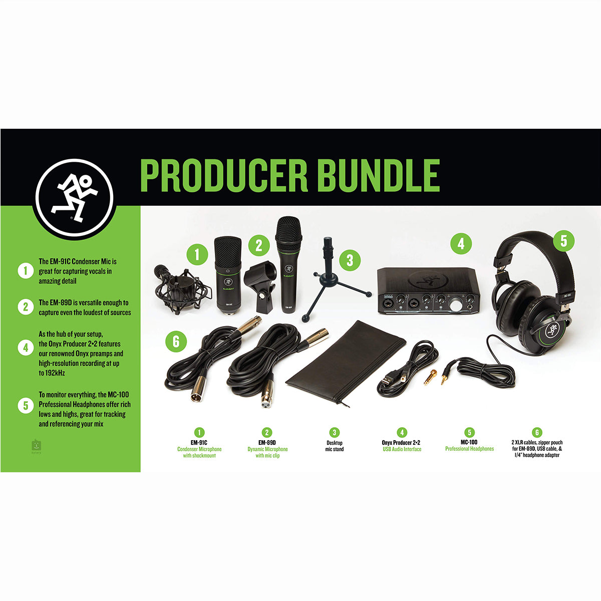 Mackie Producer Bundle is Recording Bundle with Audio Interface, Headphones, Condenser Microphone, and Dynamic Microphone Brand: Mackie